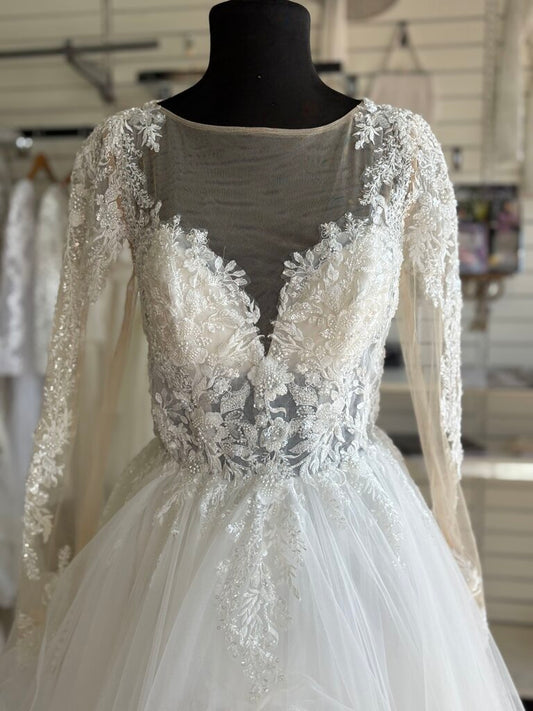 Dave & Johnny Long Sleeve Handkerchief Hem Bridal Gown 8