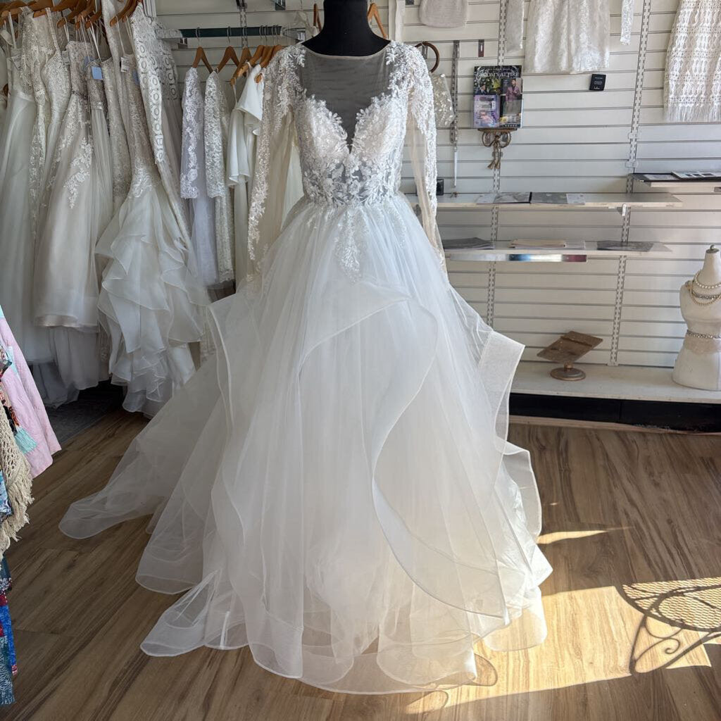 Dave & Johnny Long Sleeve Handkerchief Hem Bridal Gown 8