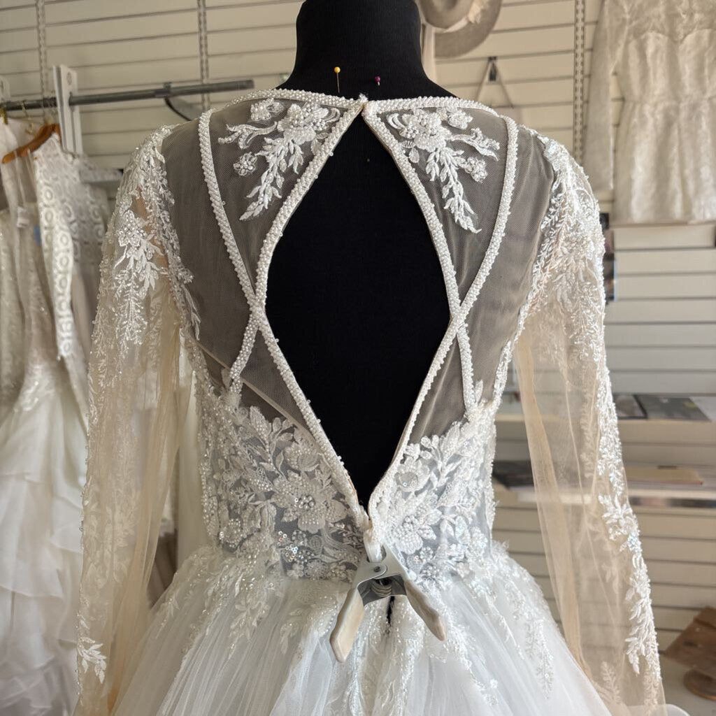 Dave & Johnny Long Sleeve Handkerchief Hem Bridal Gown 8