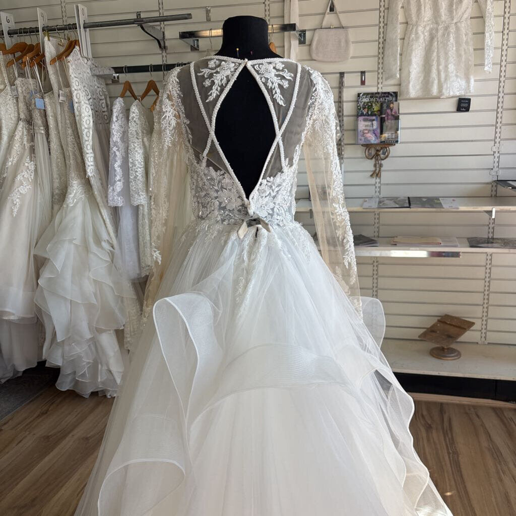 Dave & Johnny Long Sleeve Handkerchief Hem Bridal Gown 8