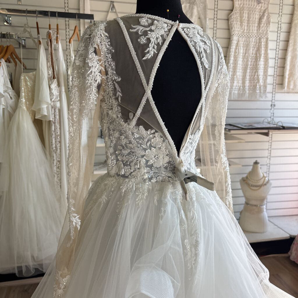 Dave & Johnny Long Sleeve Handkerchief Hem Bridal Gown 8