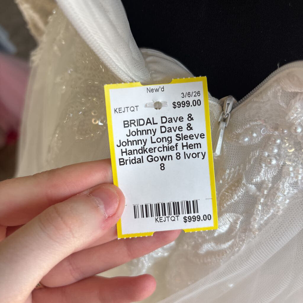 Dave & Johnny Long Sleeve Handkerchief Hem Bridal Gown 8