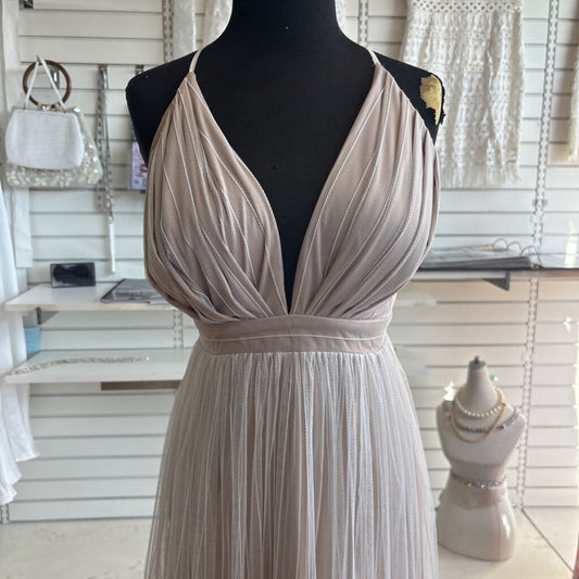 Tobi Beige/ White Tulle Stripe Detail Long Formal Dress Small