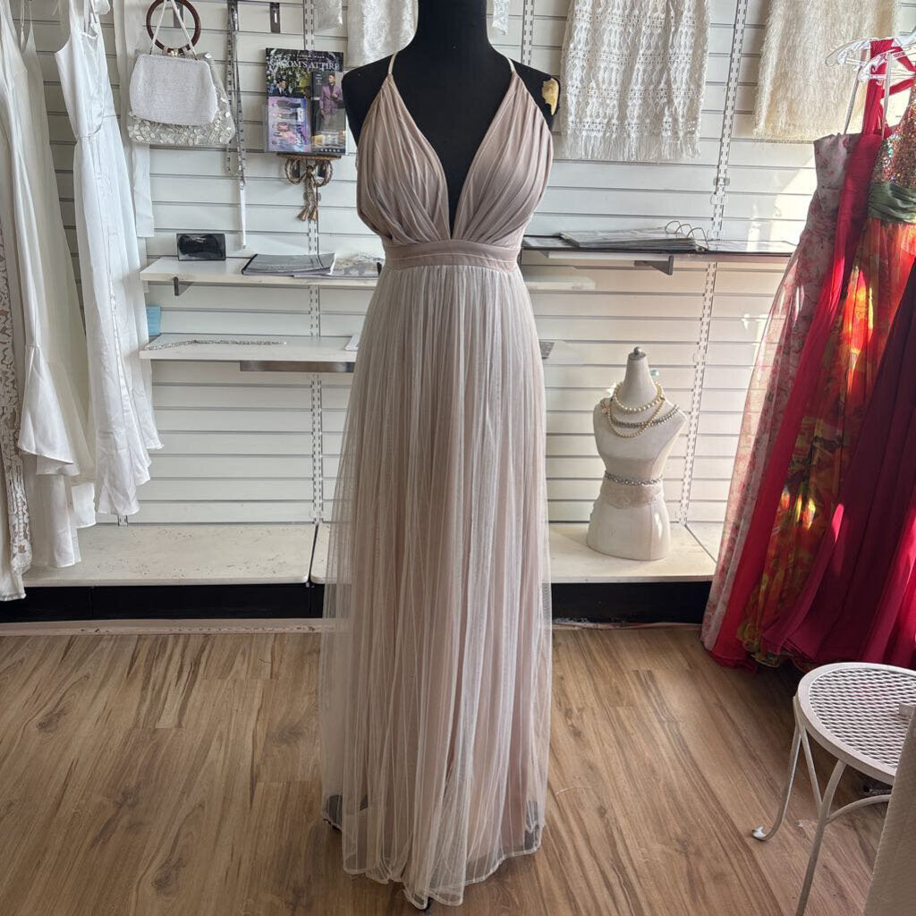 Tobi Beige/ White Tulle Stripe Detail Long Formal Dress Small