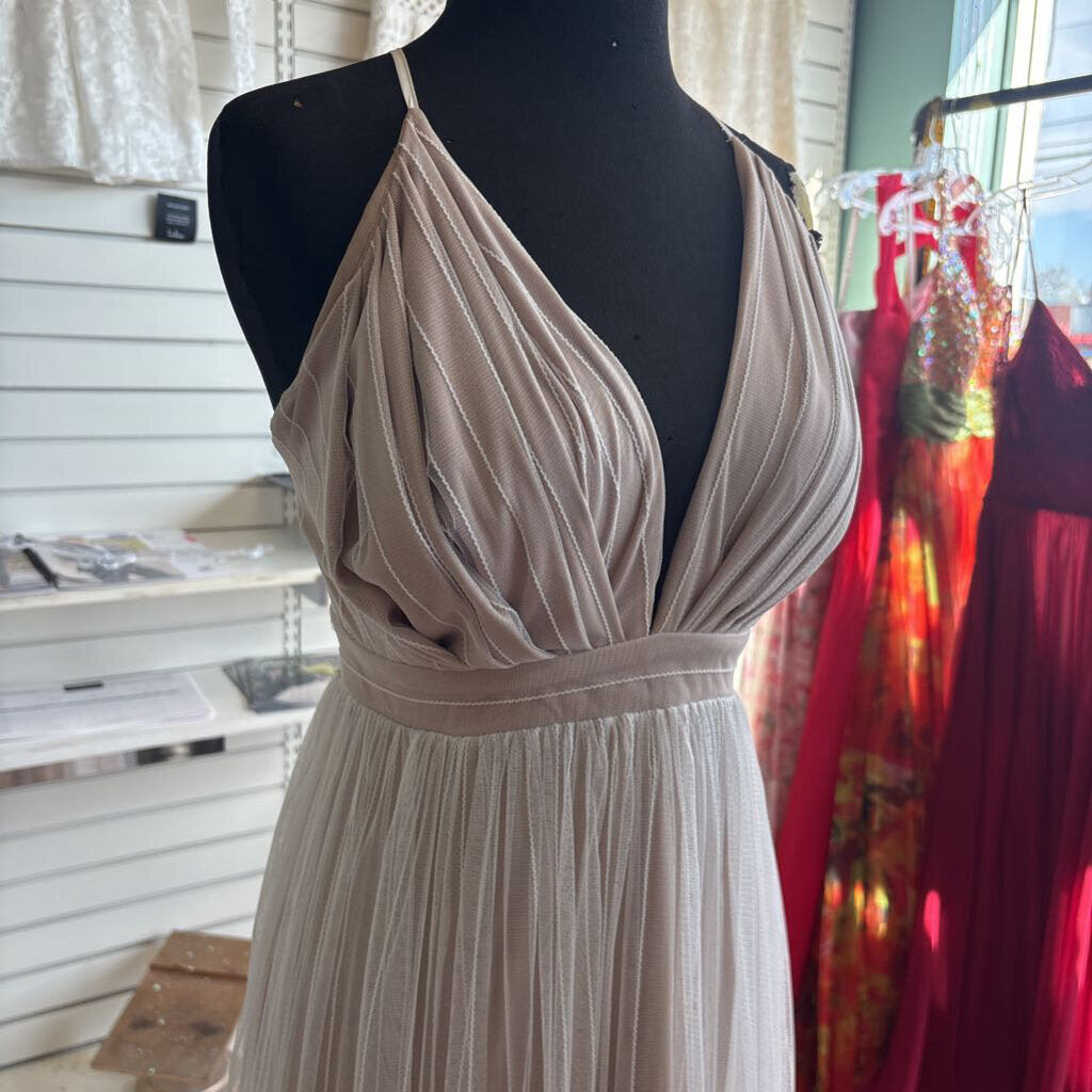Tobi Beige/ White Tulle Stripe Detail Long Formal Dress Small