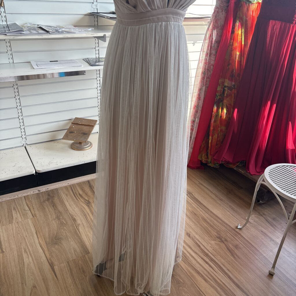 Tobi Beige/ White Tulle Stripe Detail Long Formal Dress Small