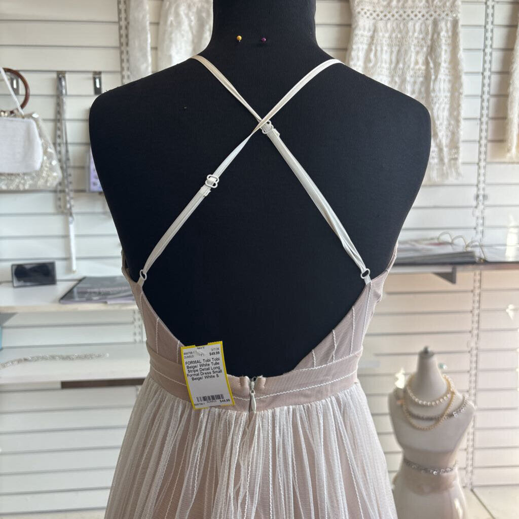 Tobi Beige/ White Tulle Stripe Detail Long Formal Dress Small