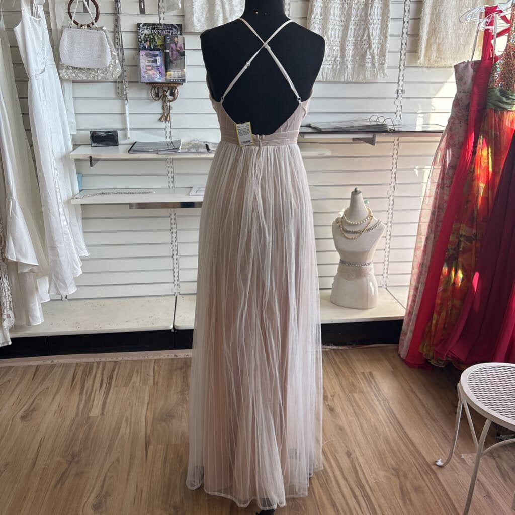 Tobi Beige/ White Tulle Stripe Detail Long Formal Dress Small