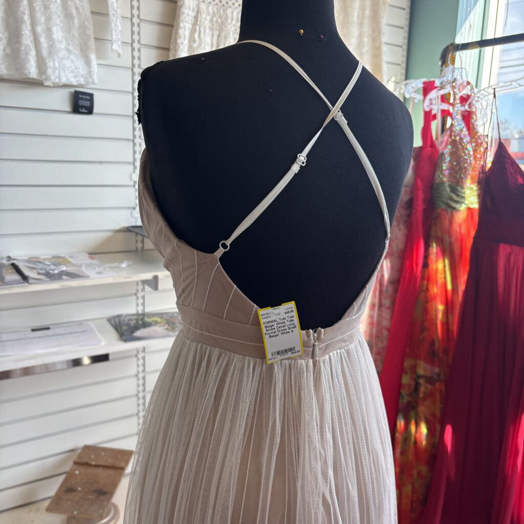 Tobi Beige/ White Tulle Stripe Detail Long Formal Dress Small