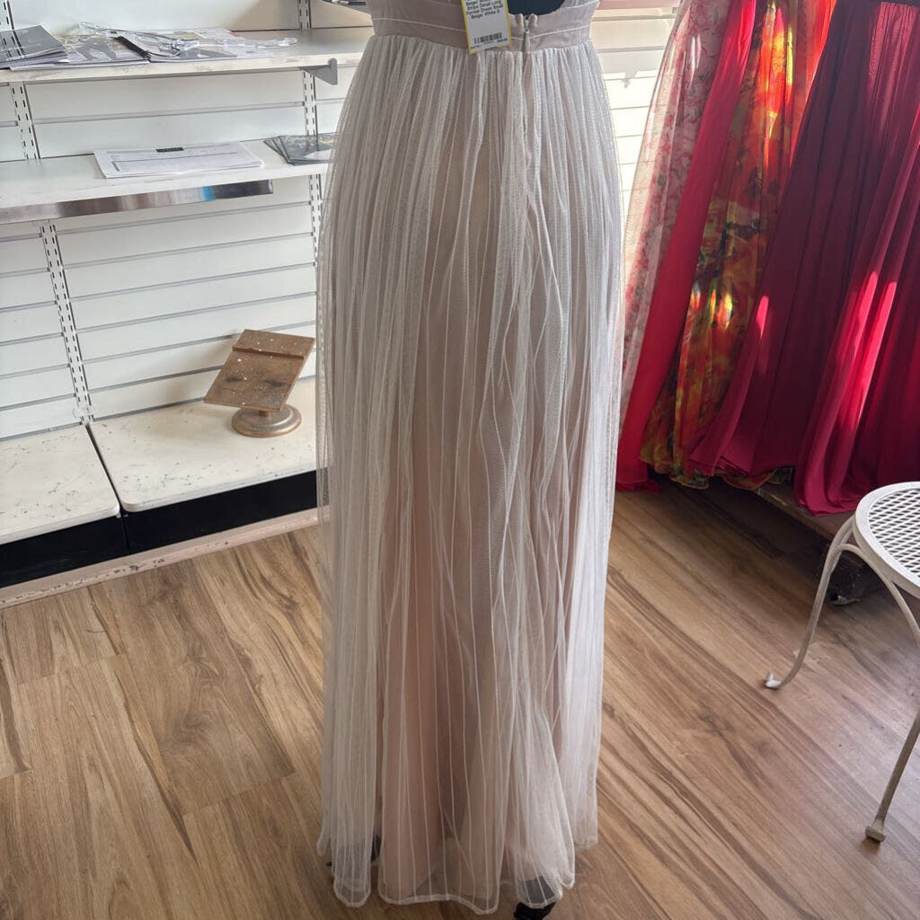 Tobi Beige/ White Tulle Stripe Detail Long Formal Dress Small