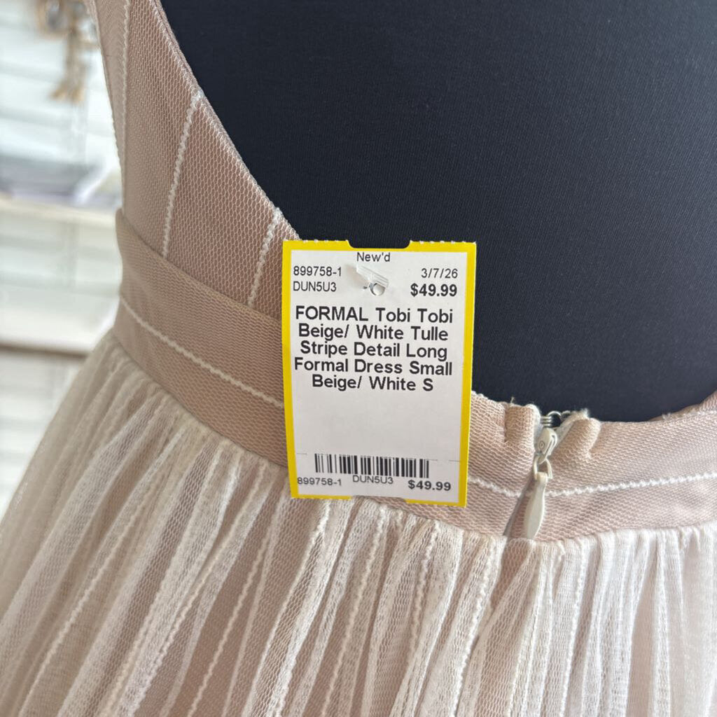 Tobi Beige/ White Tulle Stripe Detail Long Formal Dress Small