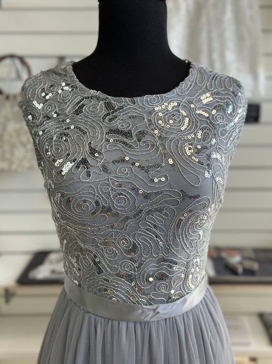 Candalite Grey Sequin Lace Top Long Formal Dress Small