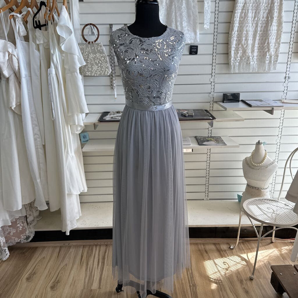 Candalite Grey Sequin Lace Top Long Formal Dress Small