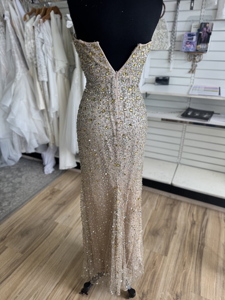 Sherri Hill Beige/ Gold/ Silver Beaded Strapless Long Formal Dress 0