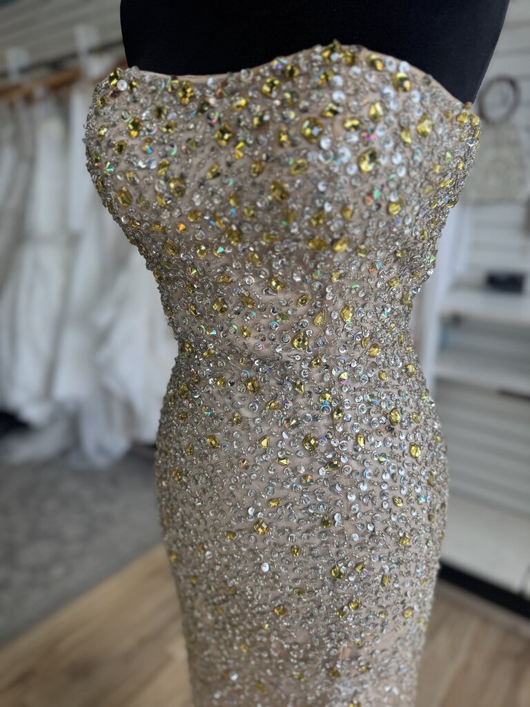 Sherri Hill Beige/ Gold/ Silver Beaded Strapless Long Formal Dress 0