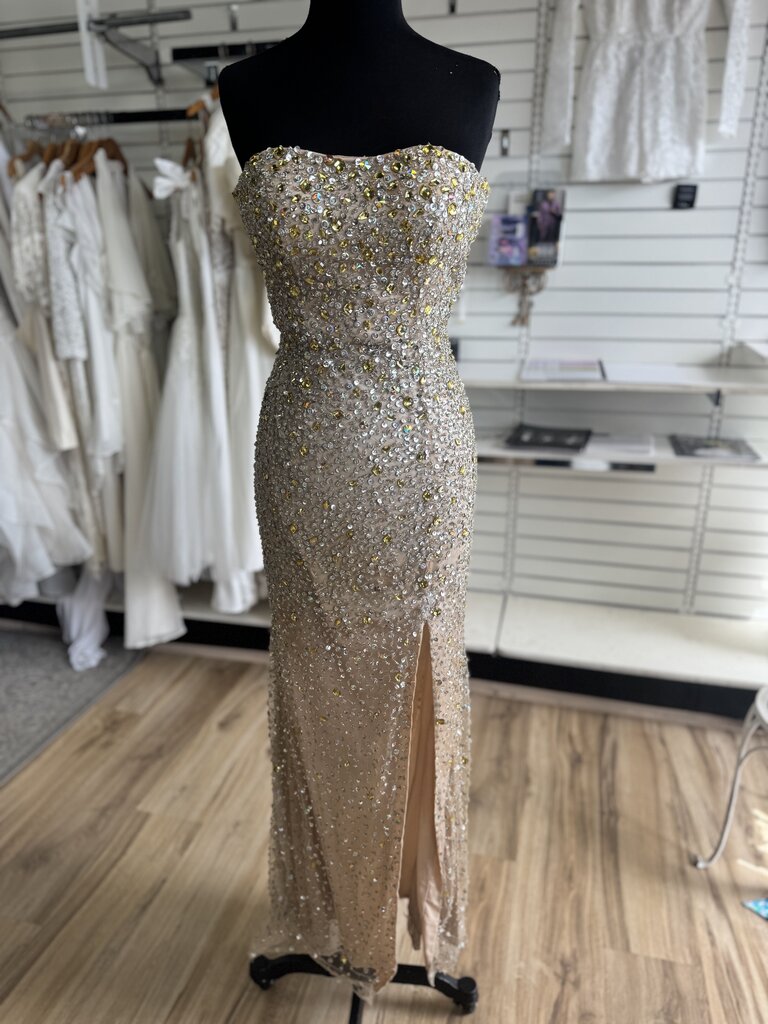 Sherri Hill Beige/ Gold/ Silver Beaded Strapless Long Formal Dress 0