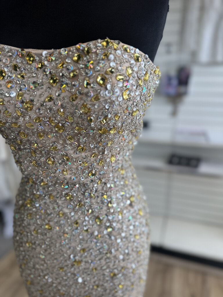 Sherri Hill Beige/ Gold/ Silver Beaded Strapless Long Formal Dress 0