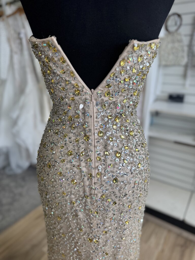 Sherri Hill Beige/ Gold/ Silver Beaded Strapless Long Formal Dress 0