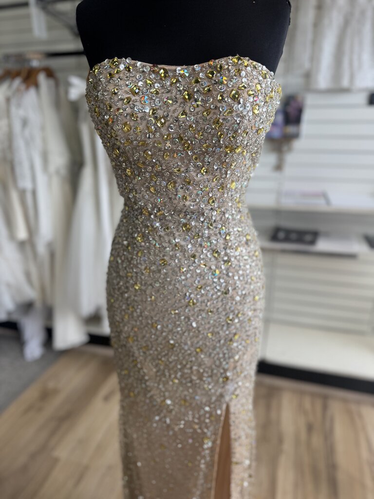Sherri Hill Beige/ Gold/ Silver Beaded Strapless Long Formal Dress 0