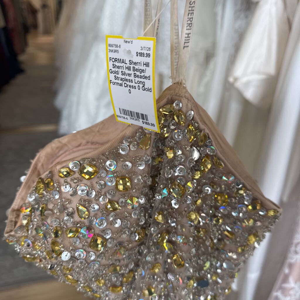 Sherri Hill Beige/ Gold/ Silver Beaded Strapless Long Formal Dress 0