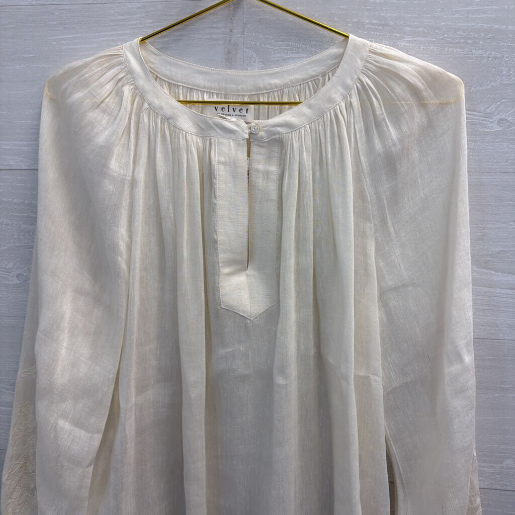 Velvet White Linen Blend Embroidered Detail Long Sleeve Top Medium