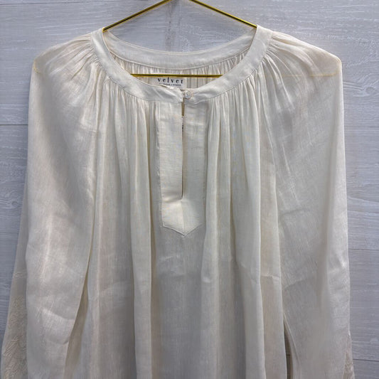 Velvet White Linen Blend Embroidered Detail Long Sleeve Top Medium