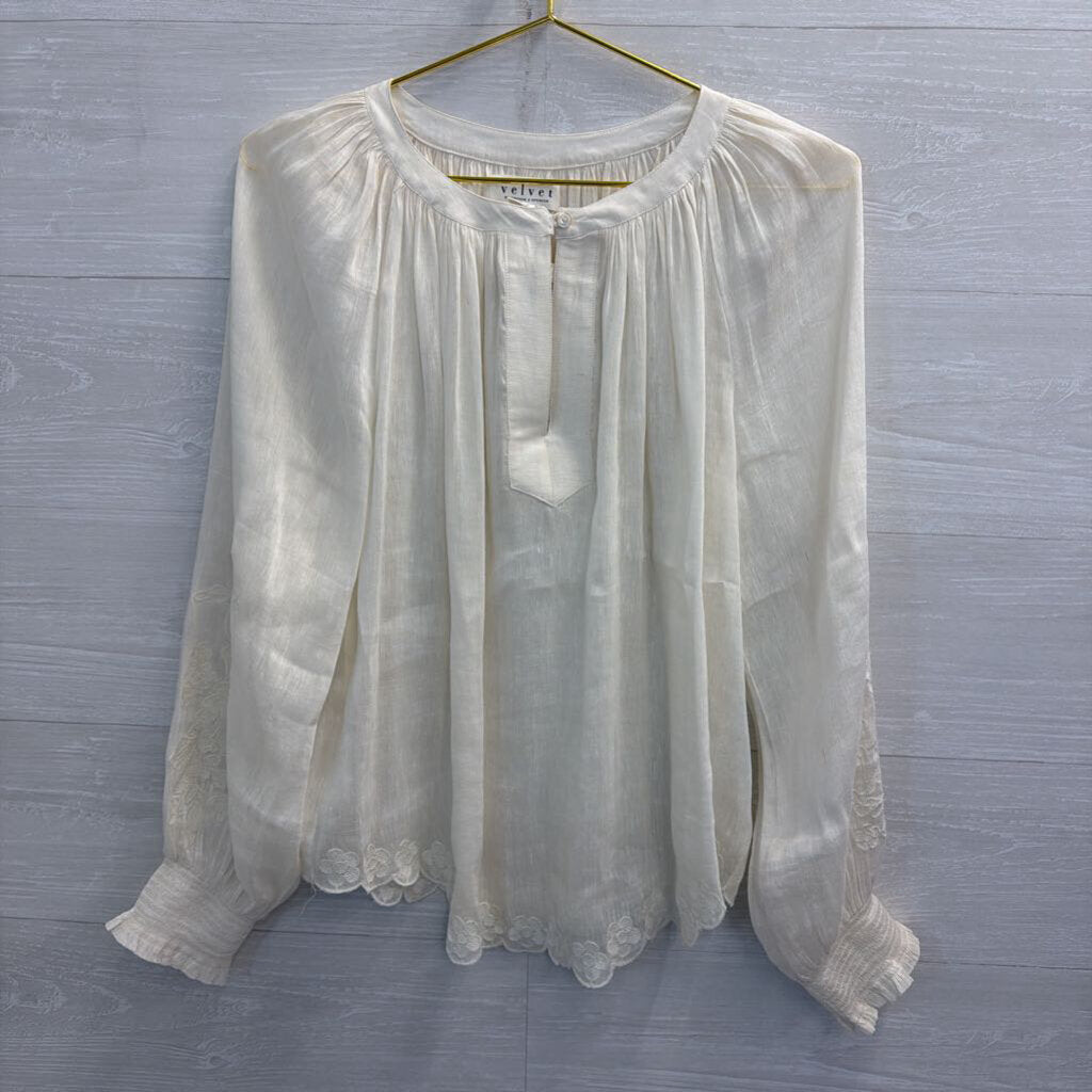 Velvet White Linen Blend Embroidered Detail Long Sleeve Top Medium