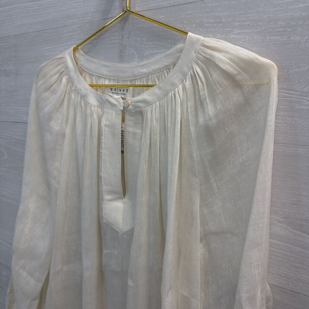Velvet White Linen Blend Embroidered Detail Long Sleeve Top Medium