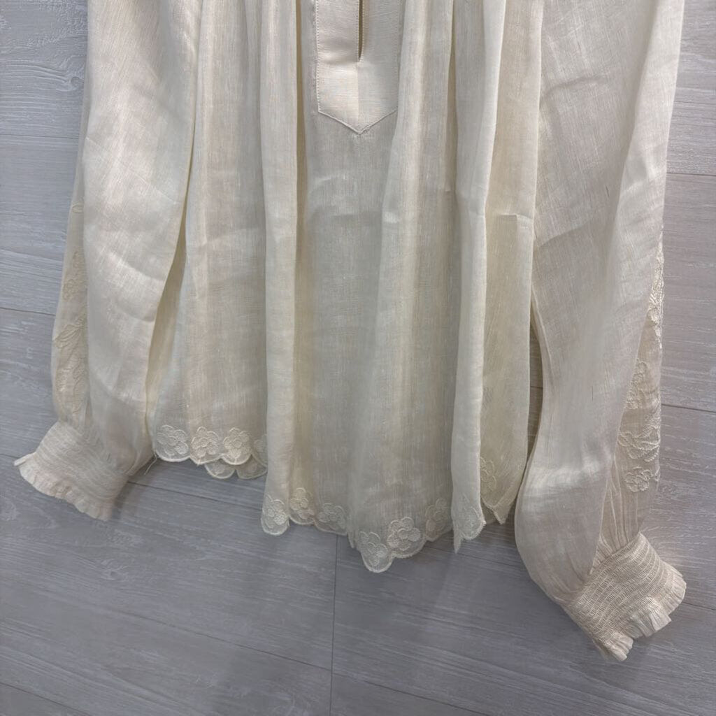 Velvet White Linen Blend Embroidered Detail Long Sleeve Top Medium