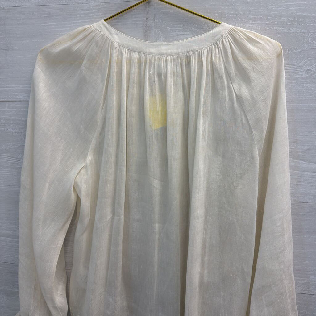 Velvet White Linen Blend Embroidered Detail Long Sleeve Top Medium