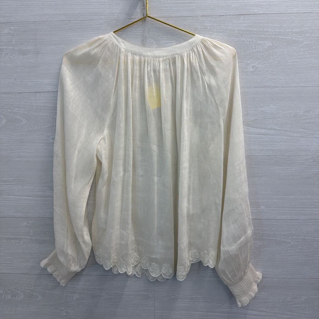 Velvet White Linen Blend Embroidered Detail Long Sleeve Top Medium