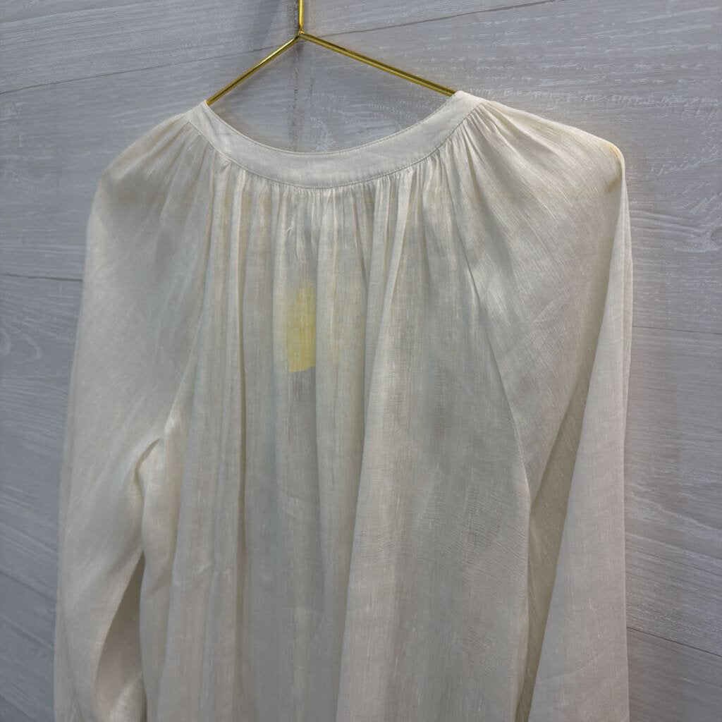 Velvet White Linen Blend Embroidered Detail Long Sleeve Top Medium
