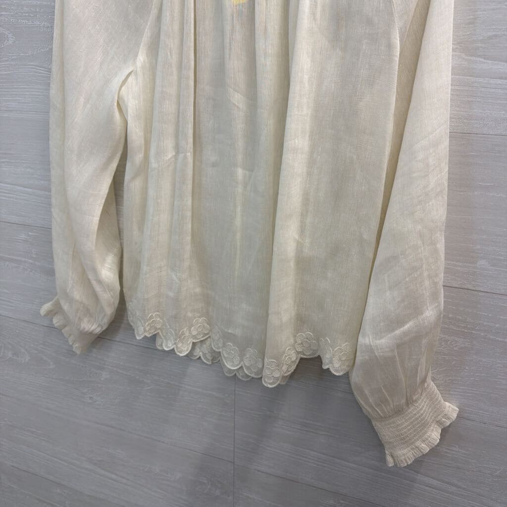 Velvet White Linen Blend Embroidered Detail Long Sleeve Top Medium
