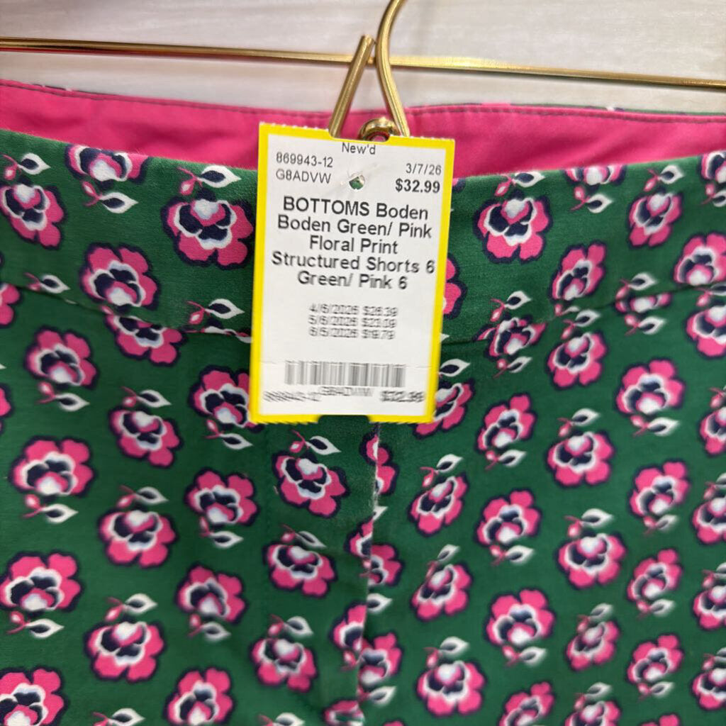Boden Green/ Pink Floral Print Structured Shorts 6