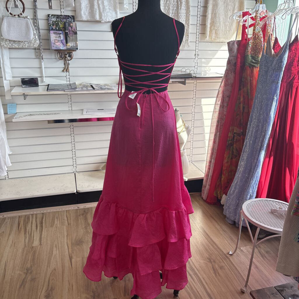 B Darlin Pink Textured Ruffle Detail Long Formal Dress 1/2