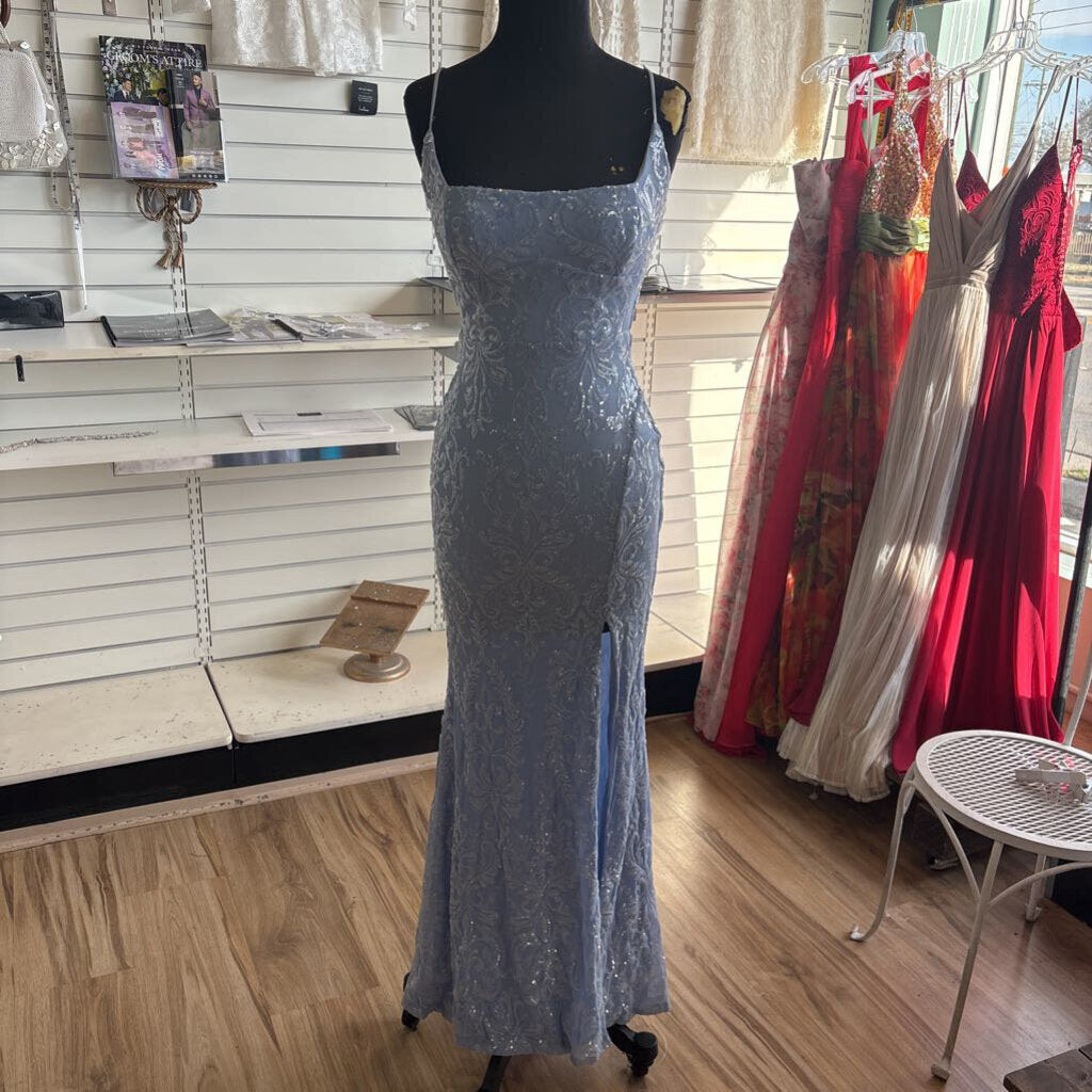 Blue Sequin Print Long Formal Dress Extra Small