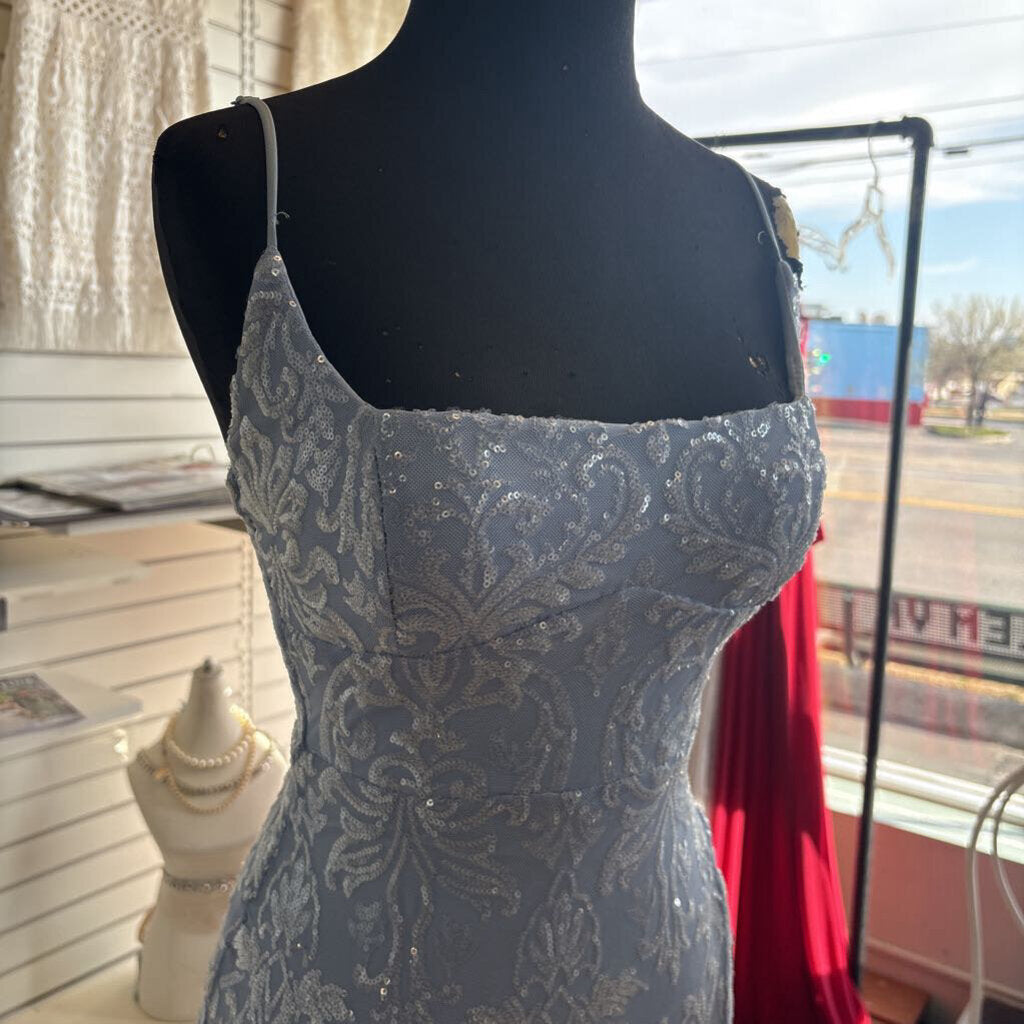 Blue Sequin Print Long Formal Dress Extra Small