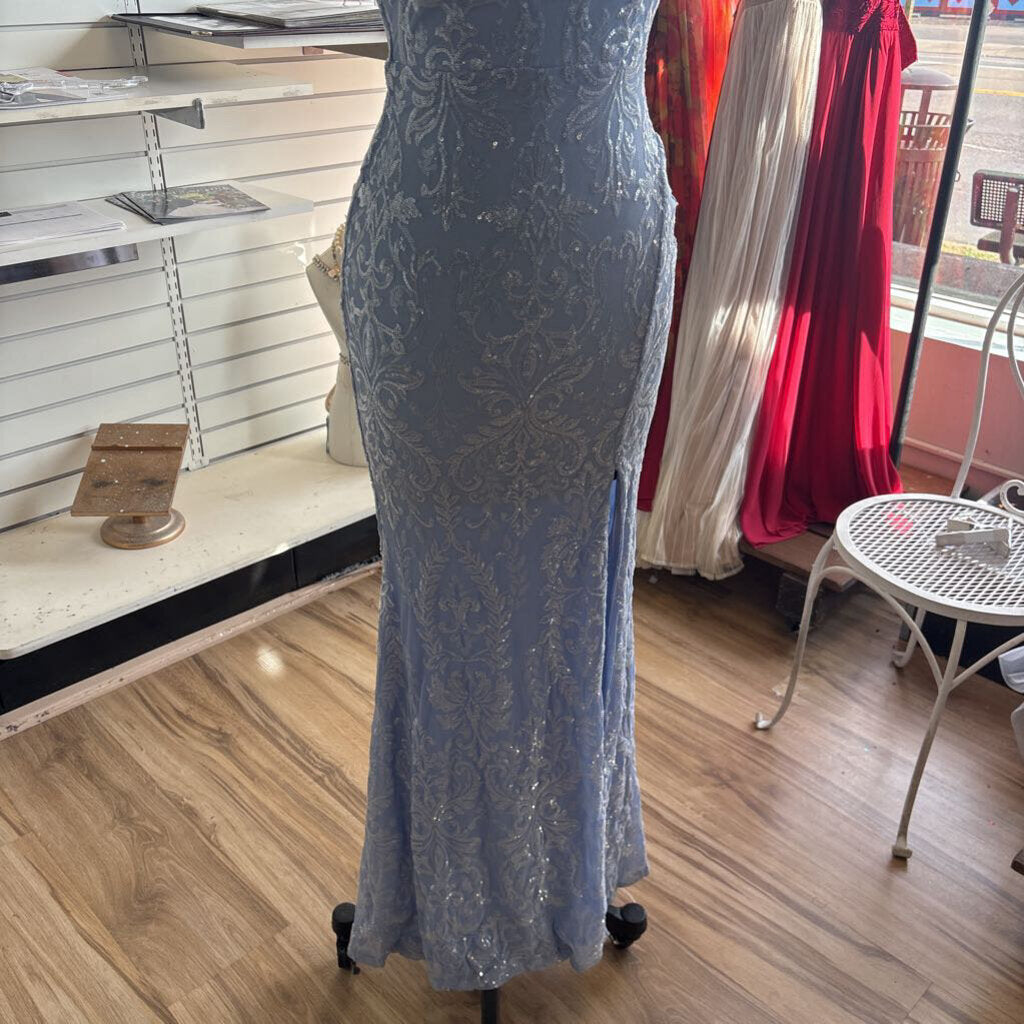 Blue Sequin Print Long Formal Dress Extra Small
