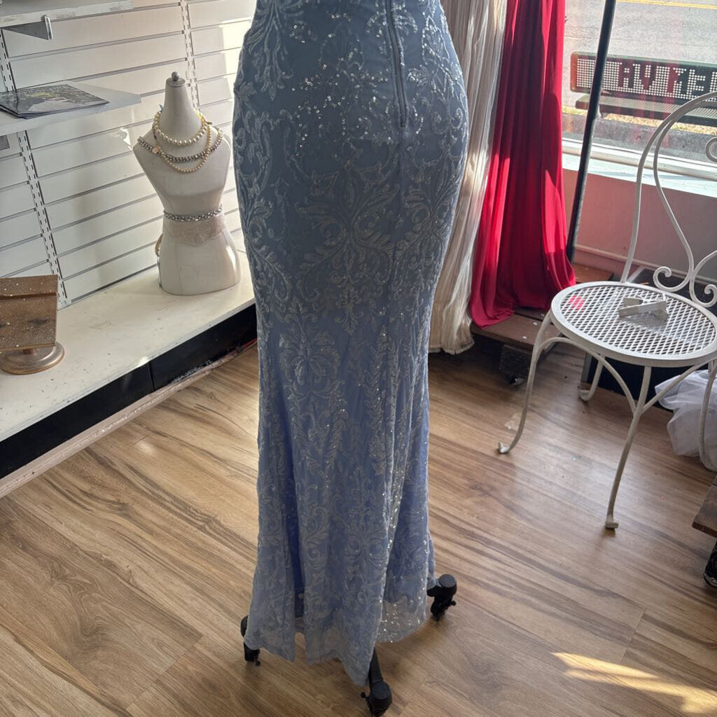 Blue Sequin Print Long Formal Dress Extra Small