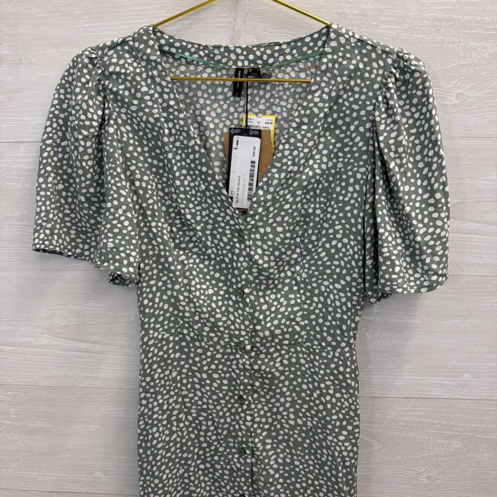 Vero Moda Green/ White Dot Print Short Sleeve Button Front Dress Small