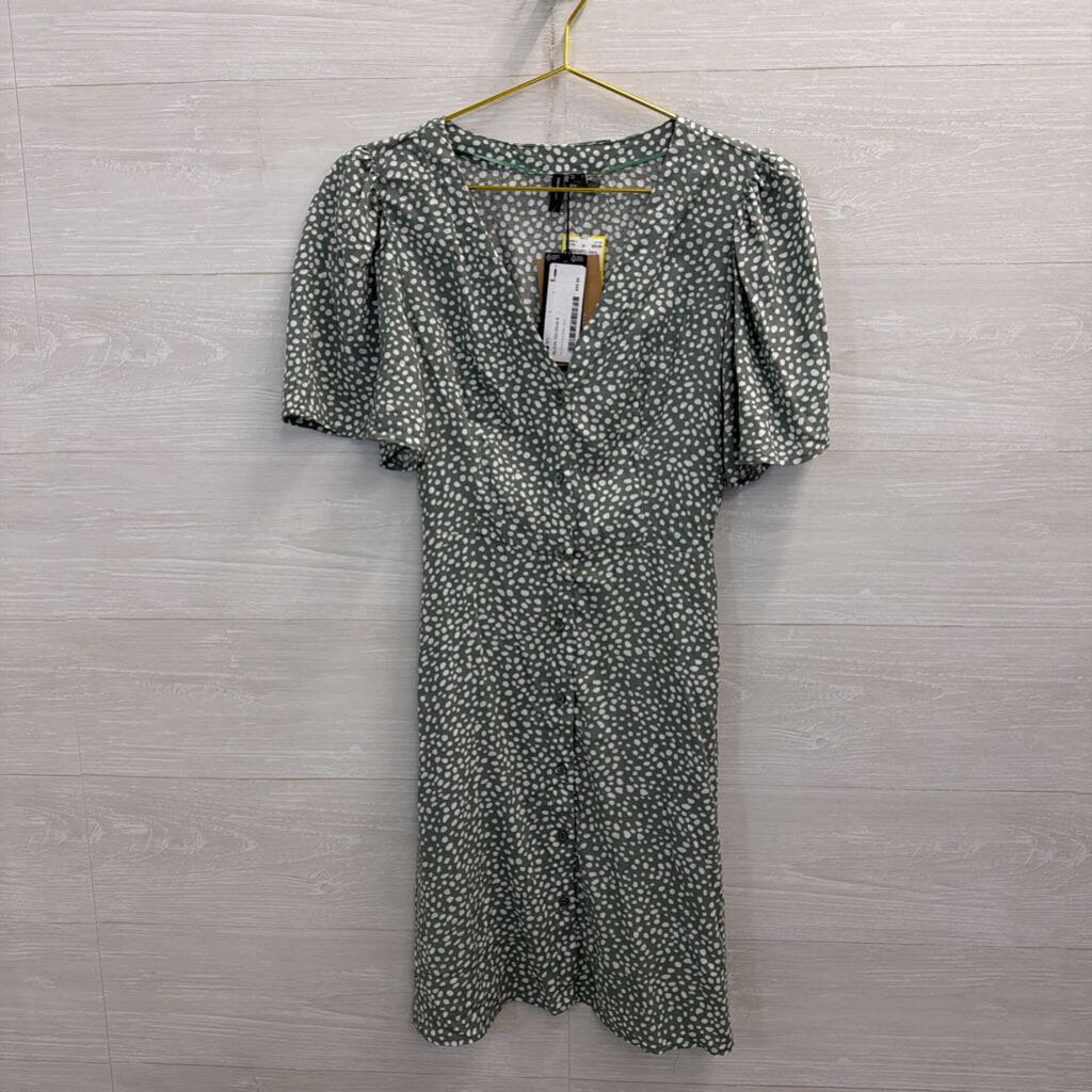 Vero Moda Green/ White Dot Print Short Sleeve Button Front Dress Small