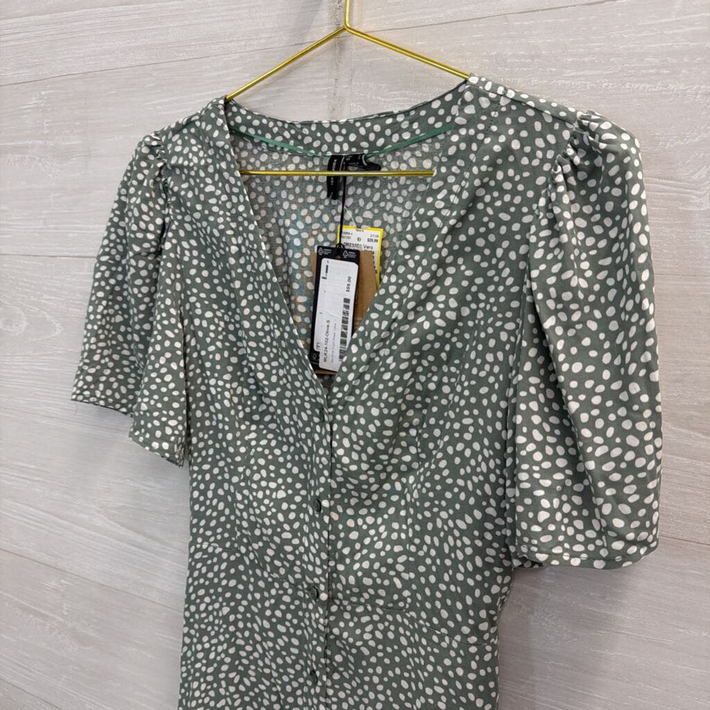 Vero Moda Green/ White Dot Print Short Sleeve Button Front Dress Small