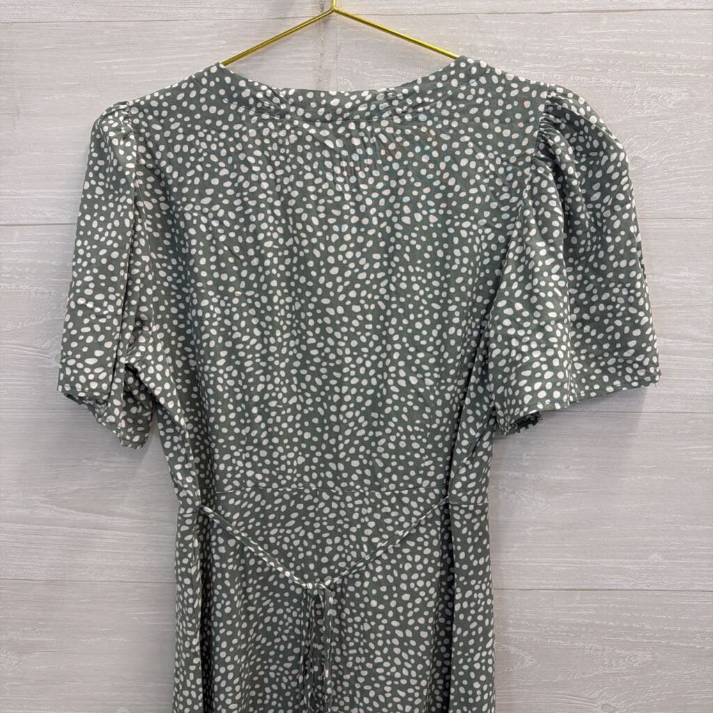 Vero Moda Green/ White Dot Print Short Sleeve Button Front Dress Small