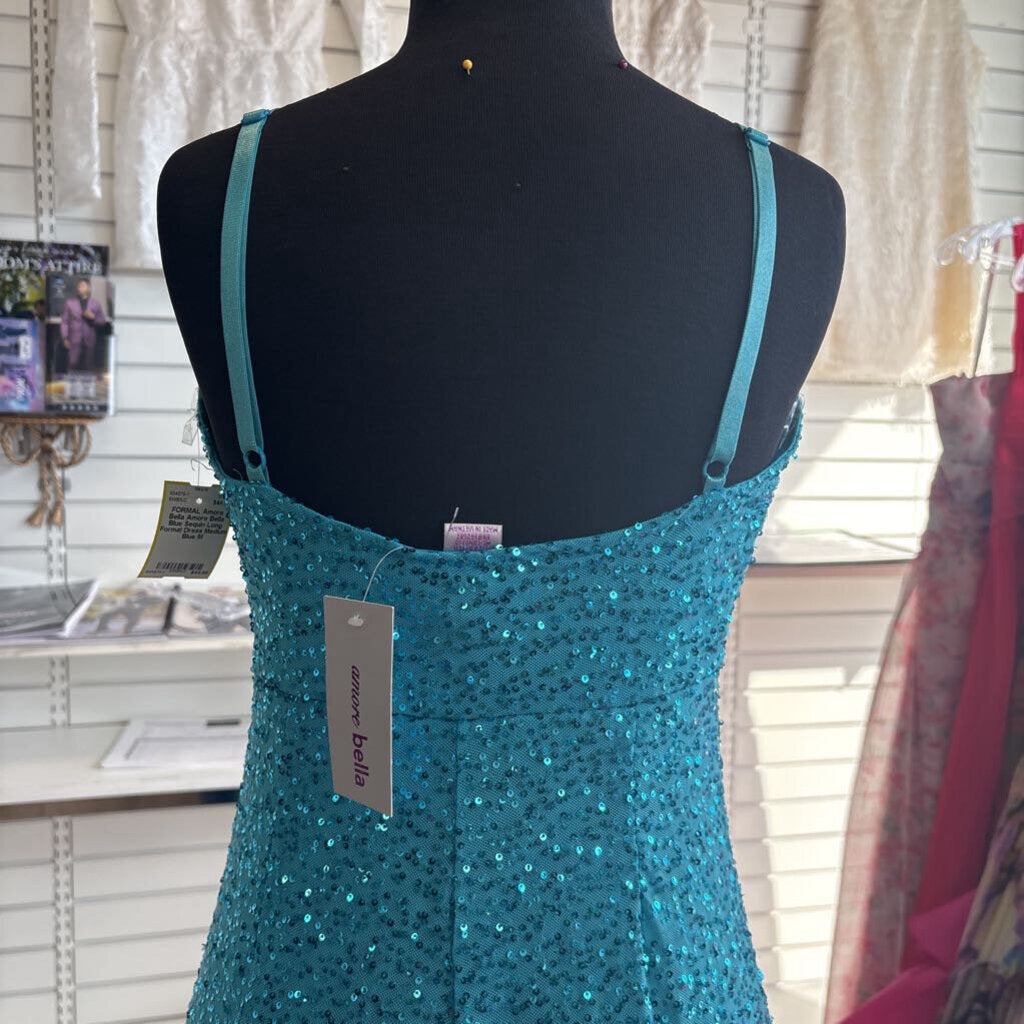 Amore Bella Blue Sequin Long Formal Dress Medium