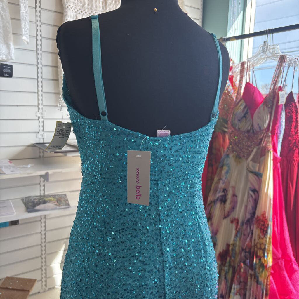 Amore Bella Blue Sequin Long Formal Dress Medium