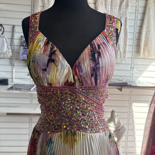 White/ Multi Pleated Print V Neck Long Formal Dress 4