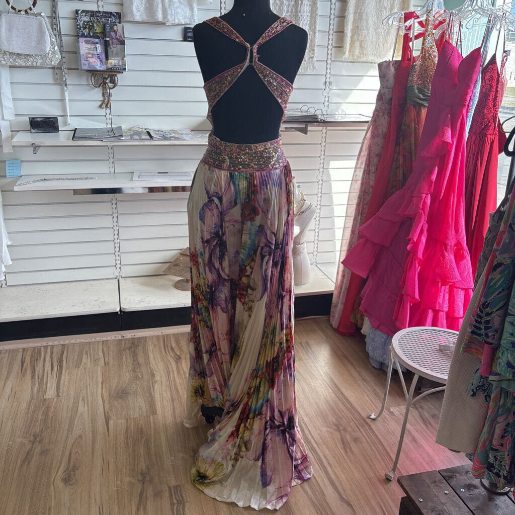 White/ Multi Pleated Print V Neck Long Formal Dress 4