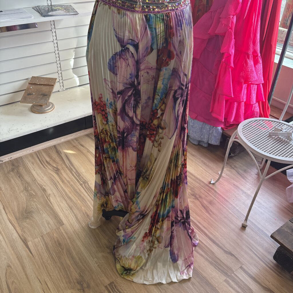 White/ Multi Pleated Print V Neck Long Formal Dress 4