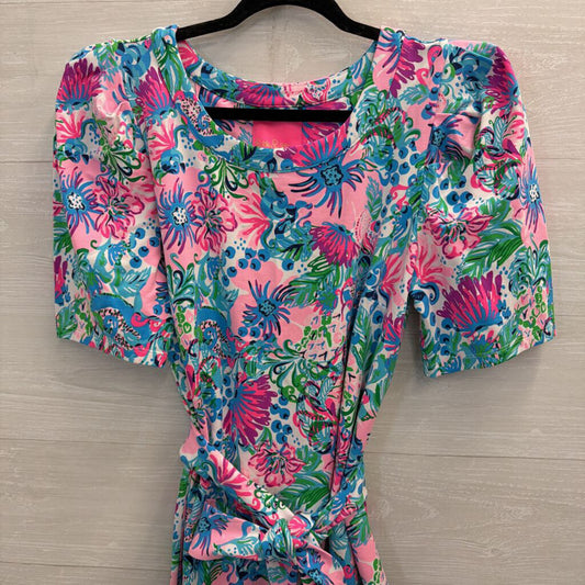 Lilly Pulitzer Pink/ Multi Print Short Puff Sleeve Tie Waist Dress Extra Large