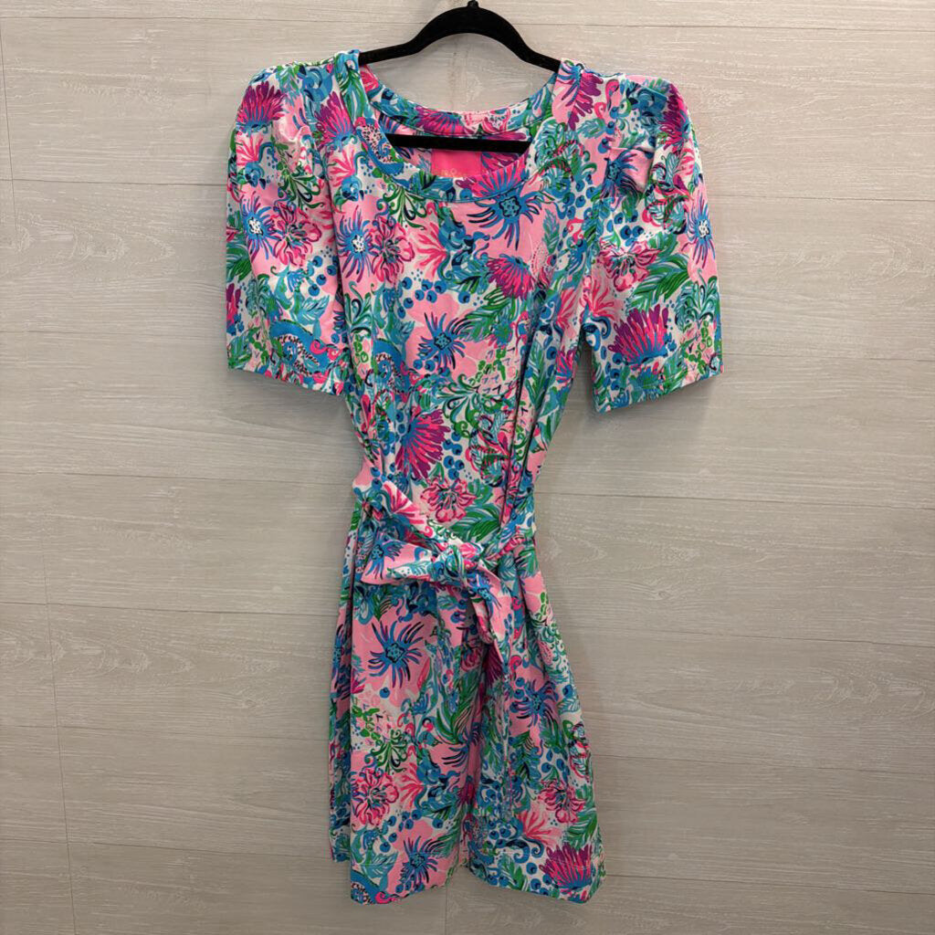 Lilly Pulitzer Pink/ Multi Print Short Puff Sleeve Tie Waist Dress Extra Large